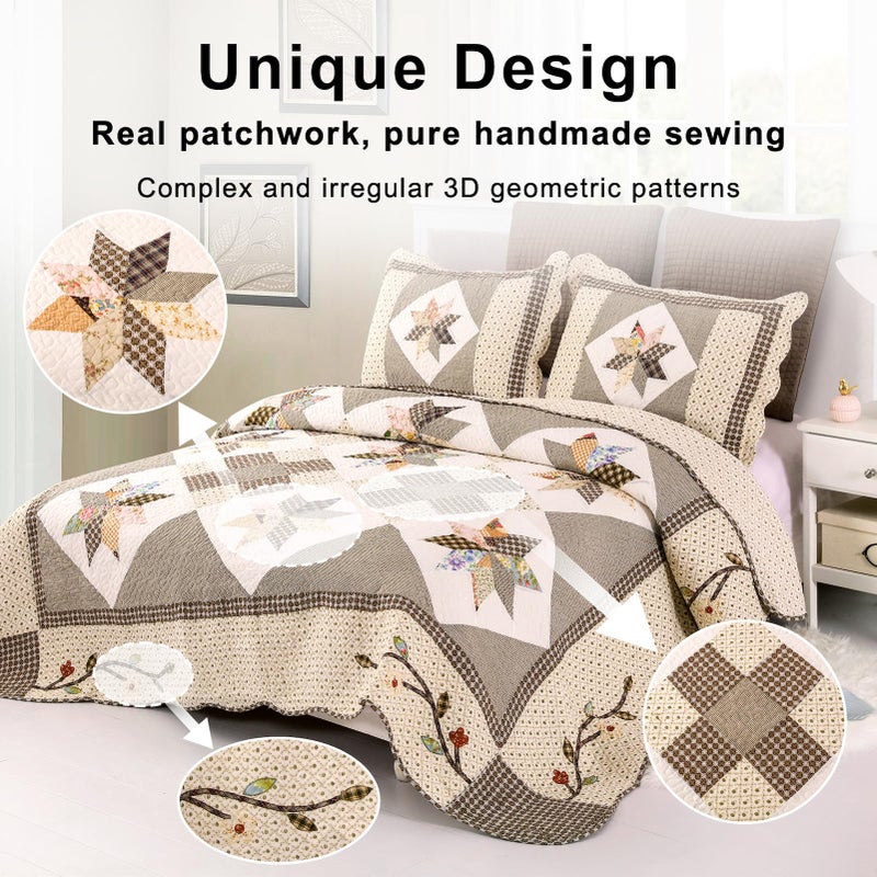 YAYIDAY Quilts Queen Size Patchwork Bedspread Set - 100% Cotton Reversible Breathable Brown Geometric Quilted Quilt with Pillow Shams for All Seasons - Image 2